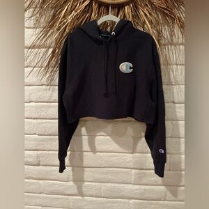 Champion Black Cropped Hoodie with Logo Patch
